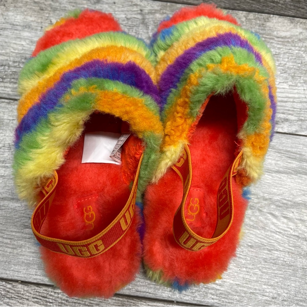 UGG Big Kids' Fluff Yeah Cali Collage Slide Rainbow Stripes Size 3 - Picture 4 of 7